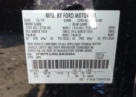 2020 Ford Edge Sel from USA, damaged, VIN 2FMPK3J90LBA50404